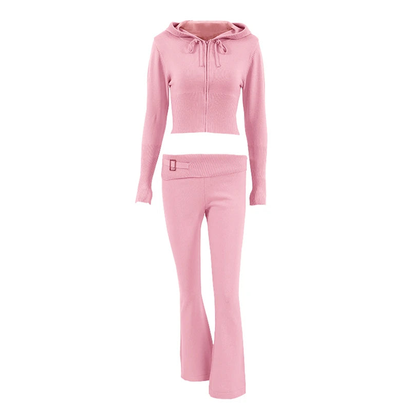 Knit 2 Piece-Set Trousers Hoodie Tracksuit Crop top Knit And Pants Sets Trousers