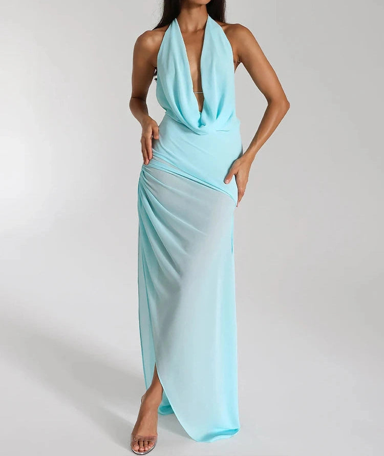 Side Split Dress Multilayer Knot Ribbon Halter Swing Collar Backless Sleeveless Two Ways Bodycon