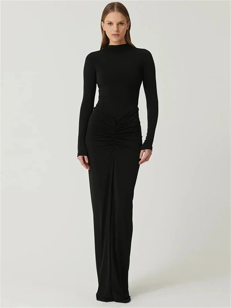 Pleated Patchwork Long Dress High Waist Long Sleeve Solid Slim Dress Maxi Dress