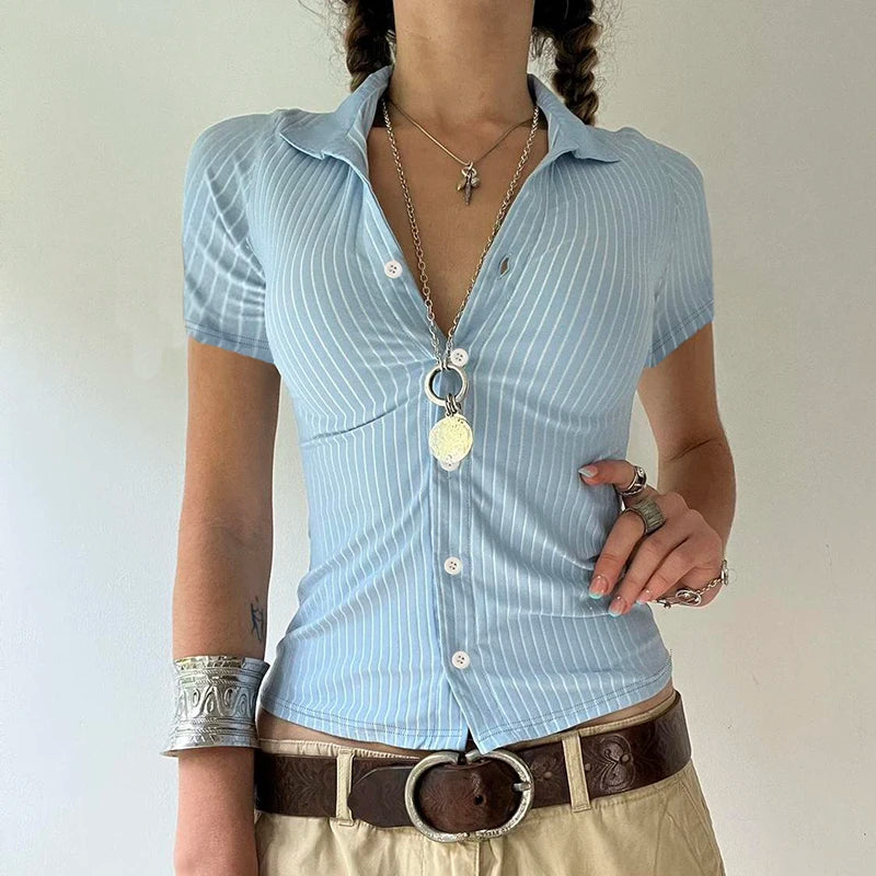Button Up Tee Shirts Striped Print Short Sleeves 's Top