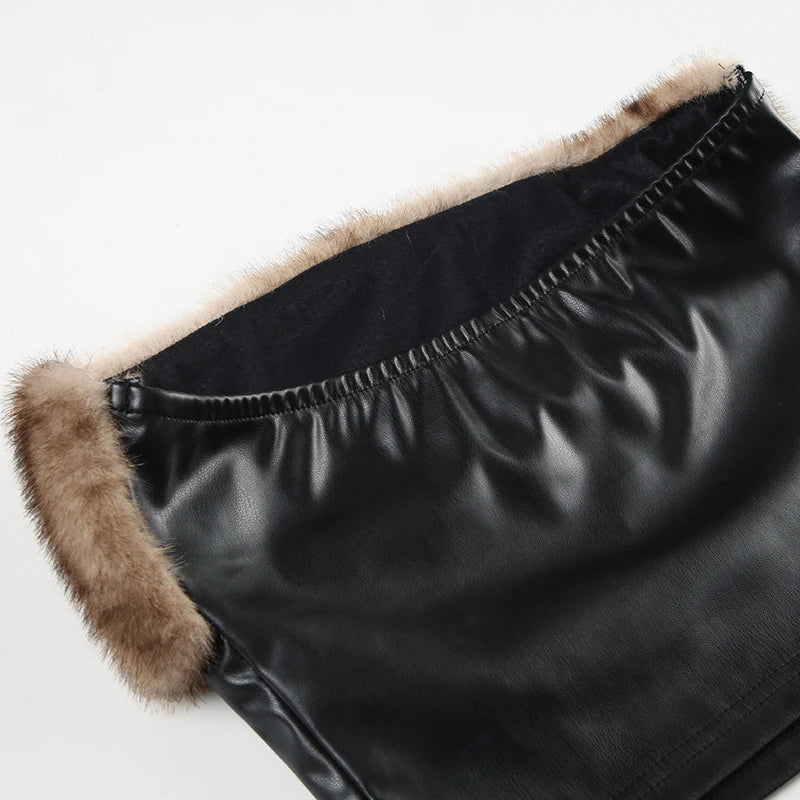 Furry Two Pieces of Sets Backless Strapless and Mini Skirts Slim PU Cloth