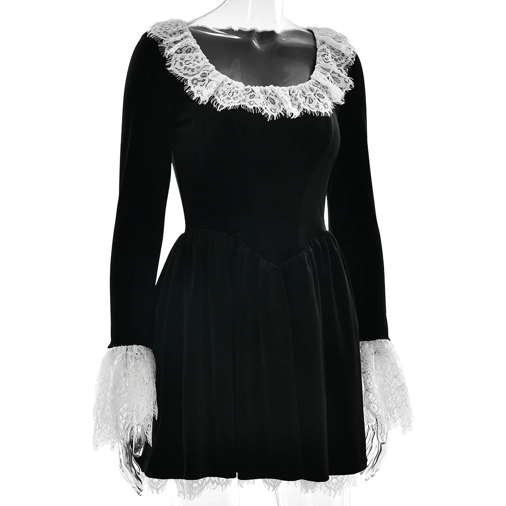 Patchwork Square Collar Lace Dress Black Flare Sleeve French Dress Slim