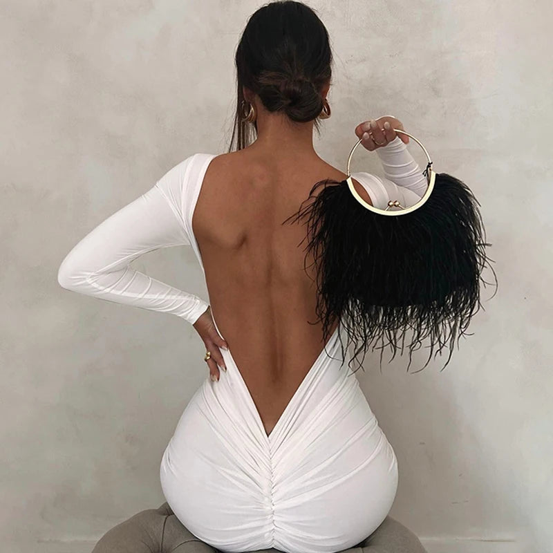 Ruched Backless Long Sleeve Bodycon Midi Dress