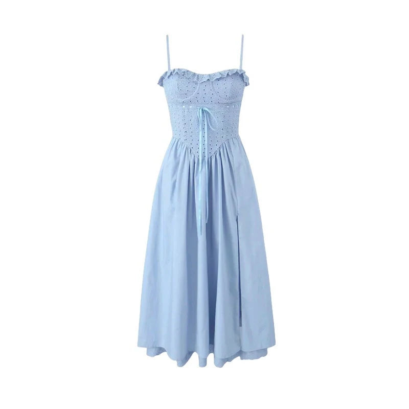 Midi Dress Blue Lace Spaghetti Strap Crochet Dress High Split Birthday Dress