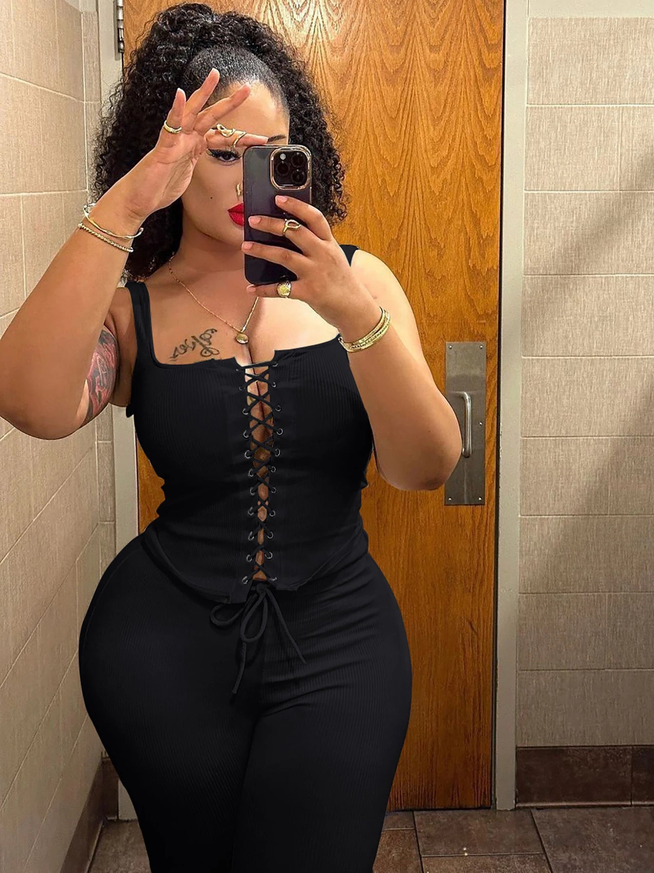 Ribbed Lace Up Crop Corset Shorts Matching Set