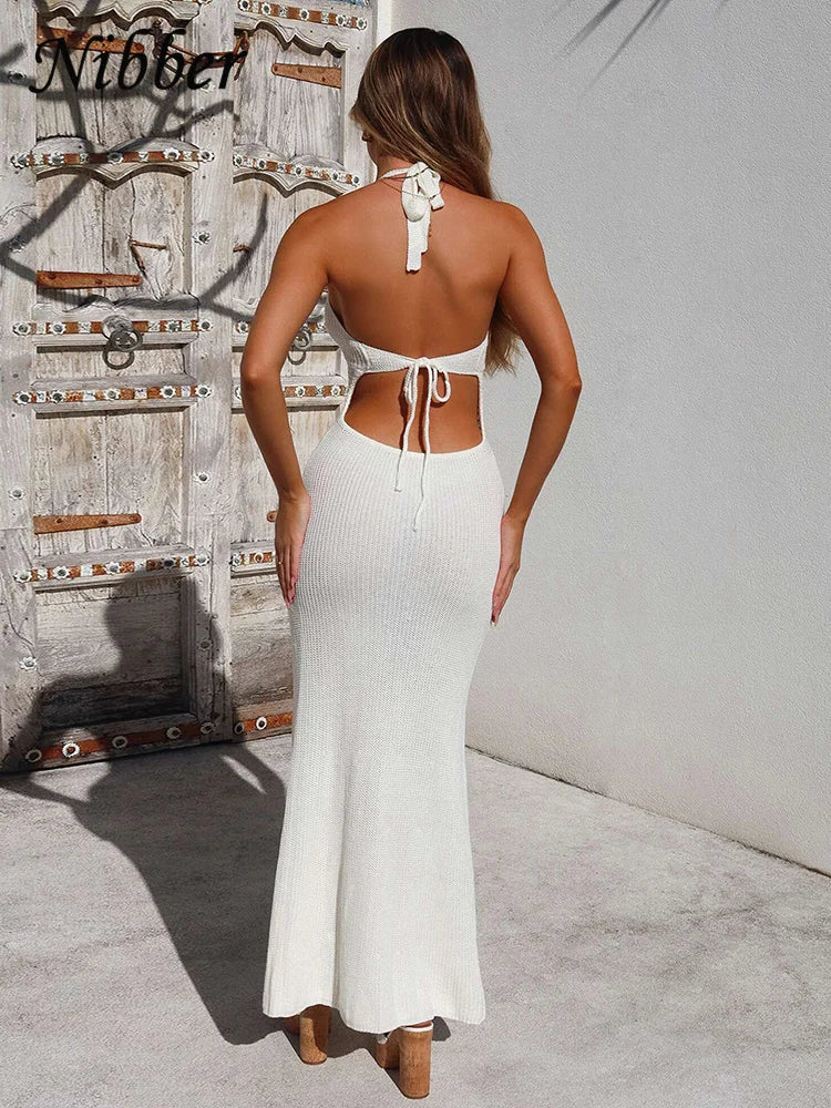 Knitted Crochet Maxi Dress See Through Halter Low Neck Backless Concise Street