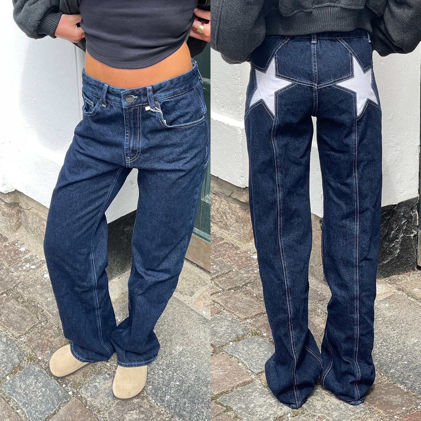 Star Pattern Loose Straight Leg Denim Low Waist Jeans