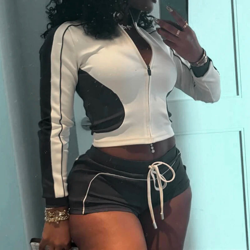 Stand Collar Slim Fitne Thin Crop Top Drawtring Short Two Piece Set Racing Jacket Suit