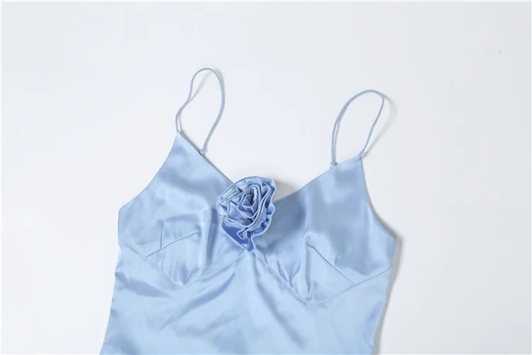 Applique Silky Dress Low-Neck Backless Sleeveless Ruched Robe