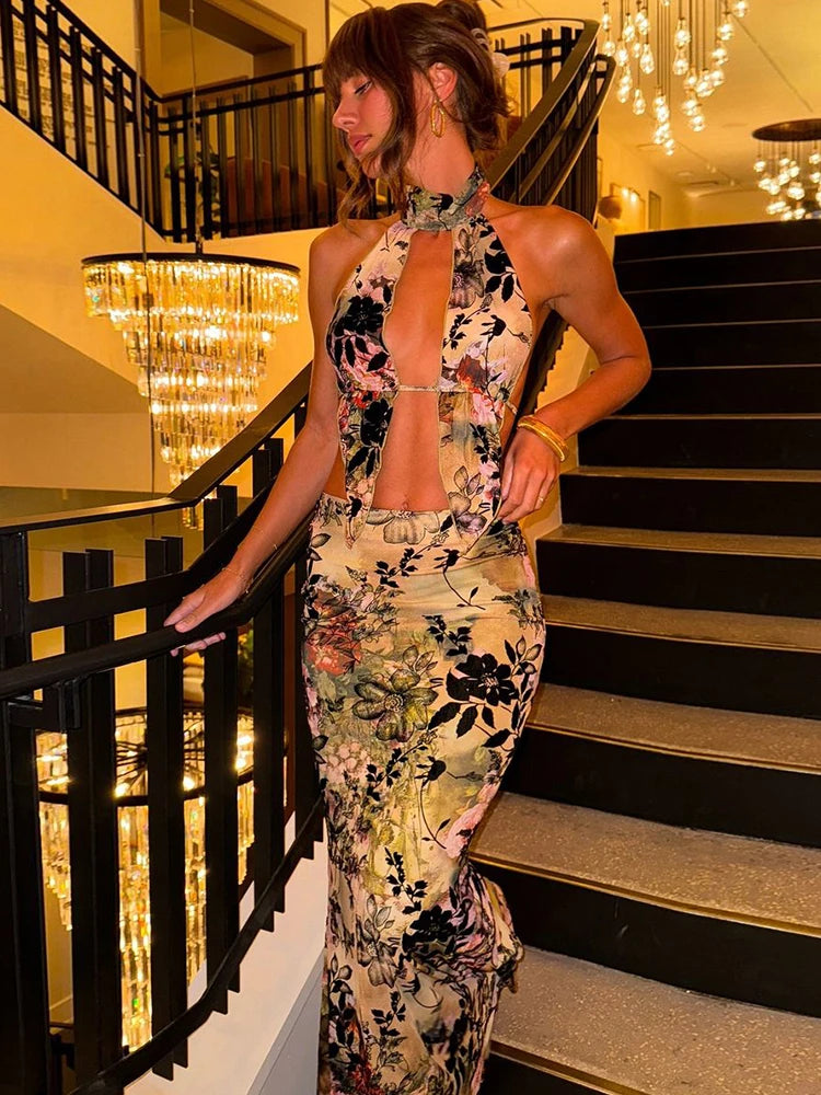 Foliage Print 2 Piece Set Halter Backless Camisole Back Split Maxi Skirts Matching