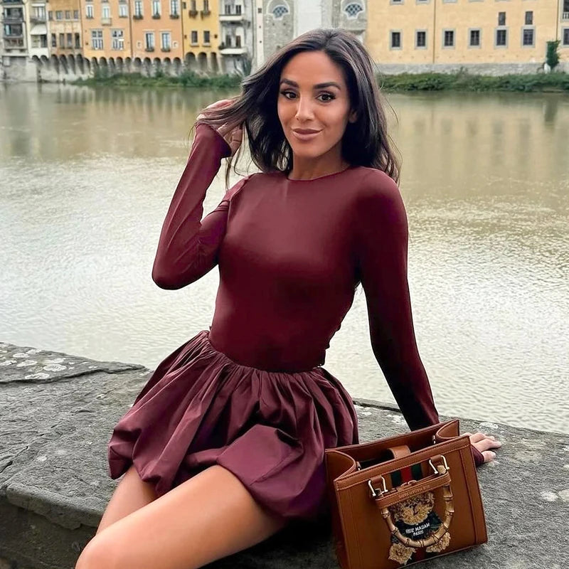 Slim Round Neck Backless Twit Long Sleeve Top Floral Bud Mini Skirt Set