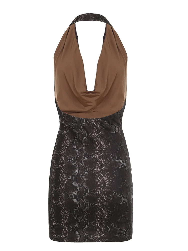 Brown Halter Neck Backless Mini Dress