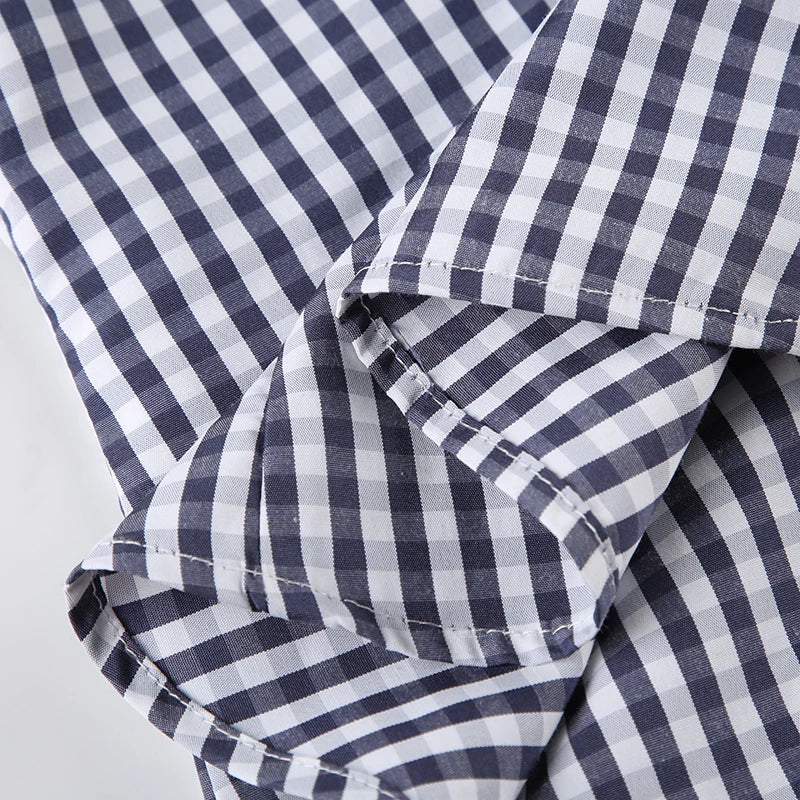 American Retro Short Sleeve Plaid Shirts Button Up Turn Down Collar Preppy Tops