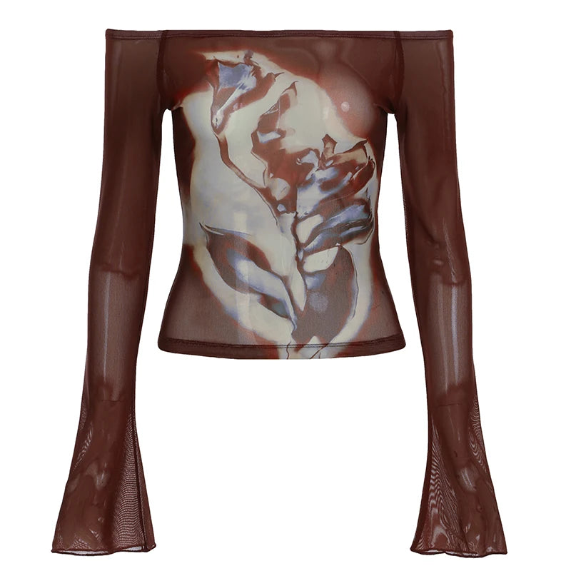 Brown Floral Mesh Flare Sleeves See Through Shirt