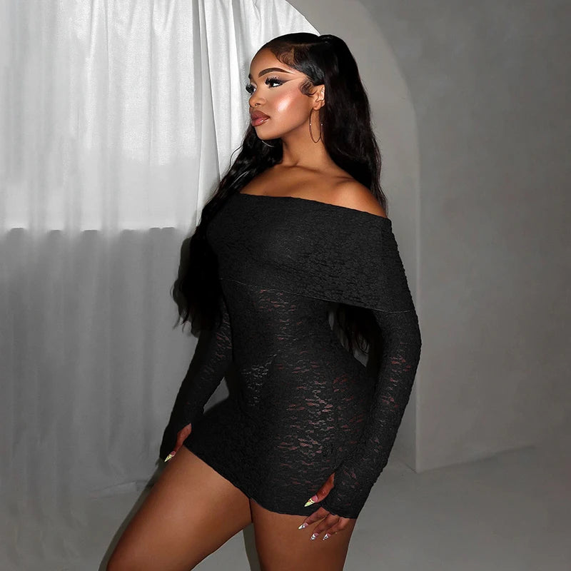 Off Shoulder Slah Neck Long Sleeve Meh Dress Hollow Out Wrap Dress