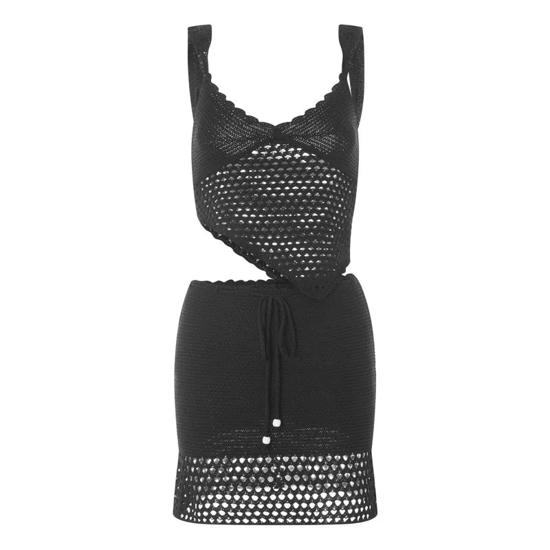 2 Piece Mini Skirt Set Off Shoulder Hollow Out Tube Top Bodycon Skirt Crochet Knit Short Skirt