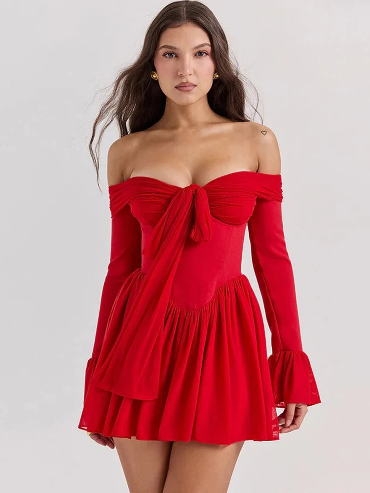 Strapless Backless Mini Dress For Red Off-shoulder Long Flare Sleeve Pleated Dress