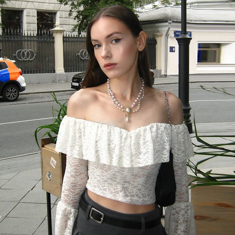Transparent Lace Two Piece Sets Skirt Suit White Flare Sleeve T-shirt Long Skirt Skirt Set