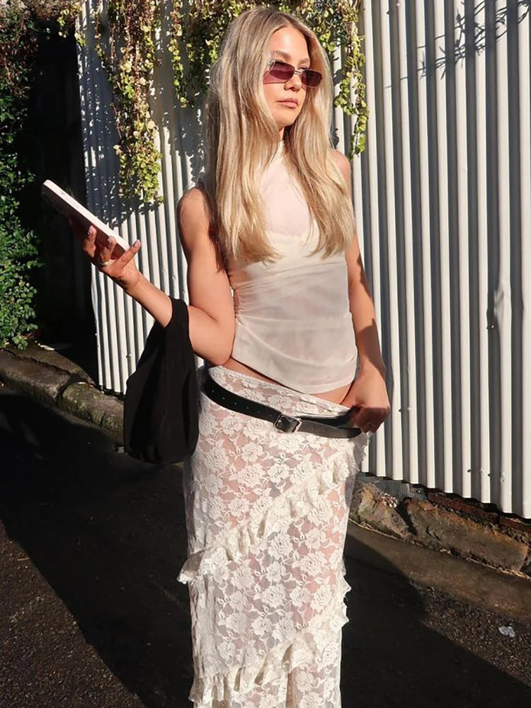Floral See Through Lace Maxi Skirt