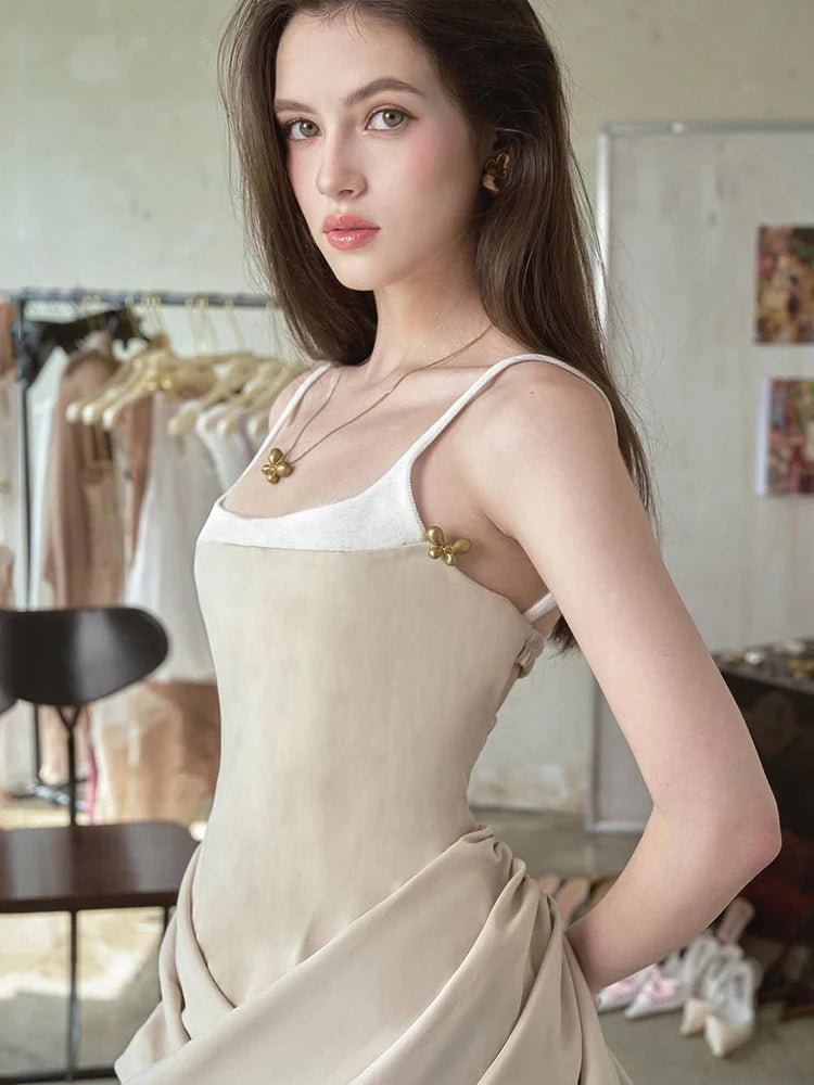 Backless Dress Patchwork Square Collar Sleeveless Ruffles Cross Hem Slim Mini Bodycon