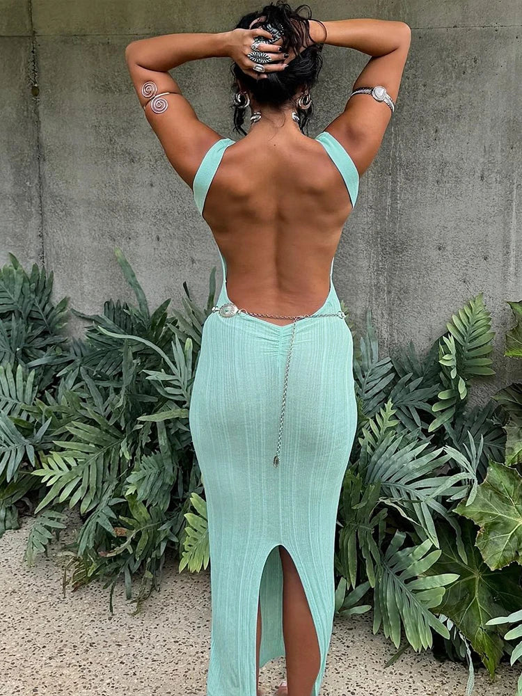 Backless See Through Dress Slit Peach Buttocks Solid Sheath Sleeveless Bodycon