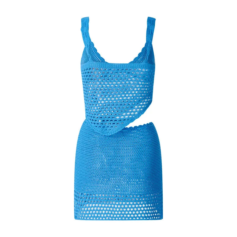 2 Piece Mini Skirt Set Off Shoulder Hollow Out Tube Top Bodycon Skirt Crochet Knit Short Skirt