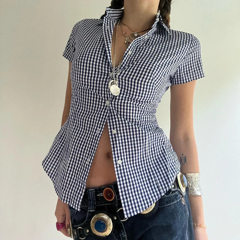 Plaid Bloue Button Up Short Sleeve Tuurn-down Neck Top