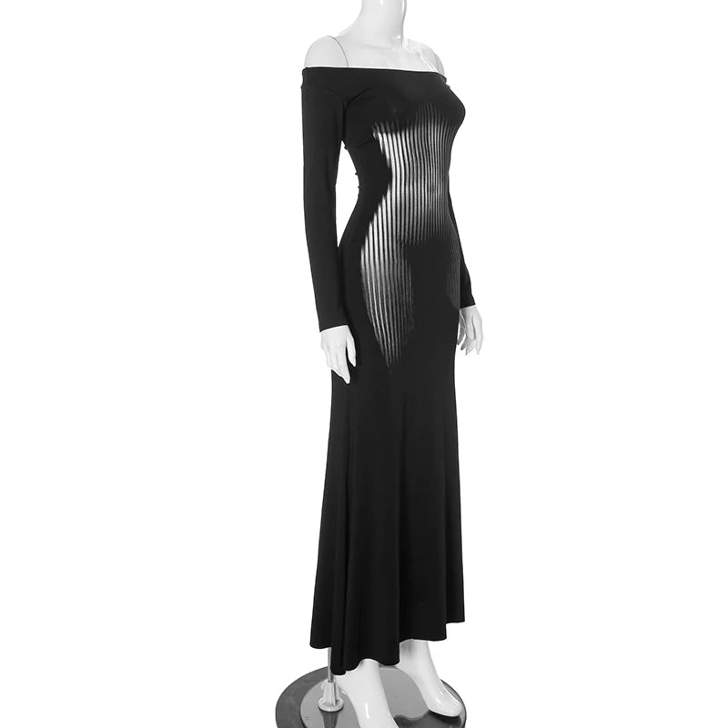 Square Collar Long Sleeve Dress High Waist Abstract Stripe Body Dress Wrap Mermaid Dres