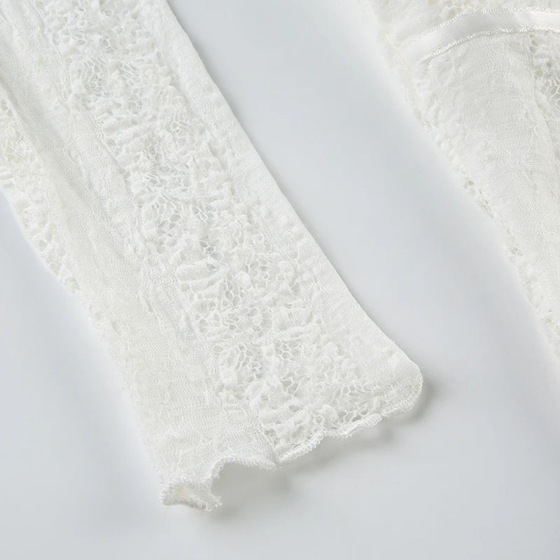 V-neck Lace Slim Tee Shirts Long Sleeves See-through Retro