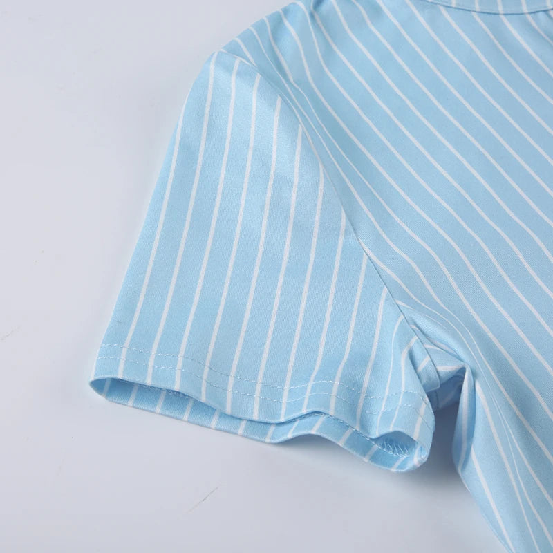 Blue Stripe Short Sleeve Shirts Button Up Turn Down Collar Slim Preppy Tops Basic Tees