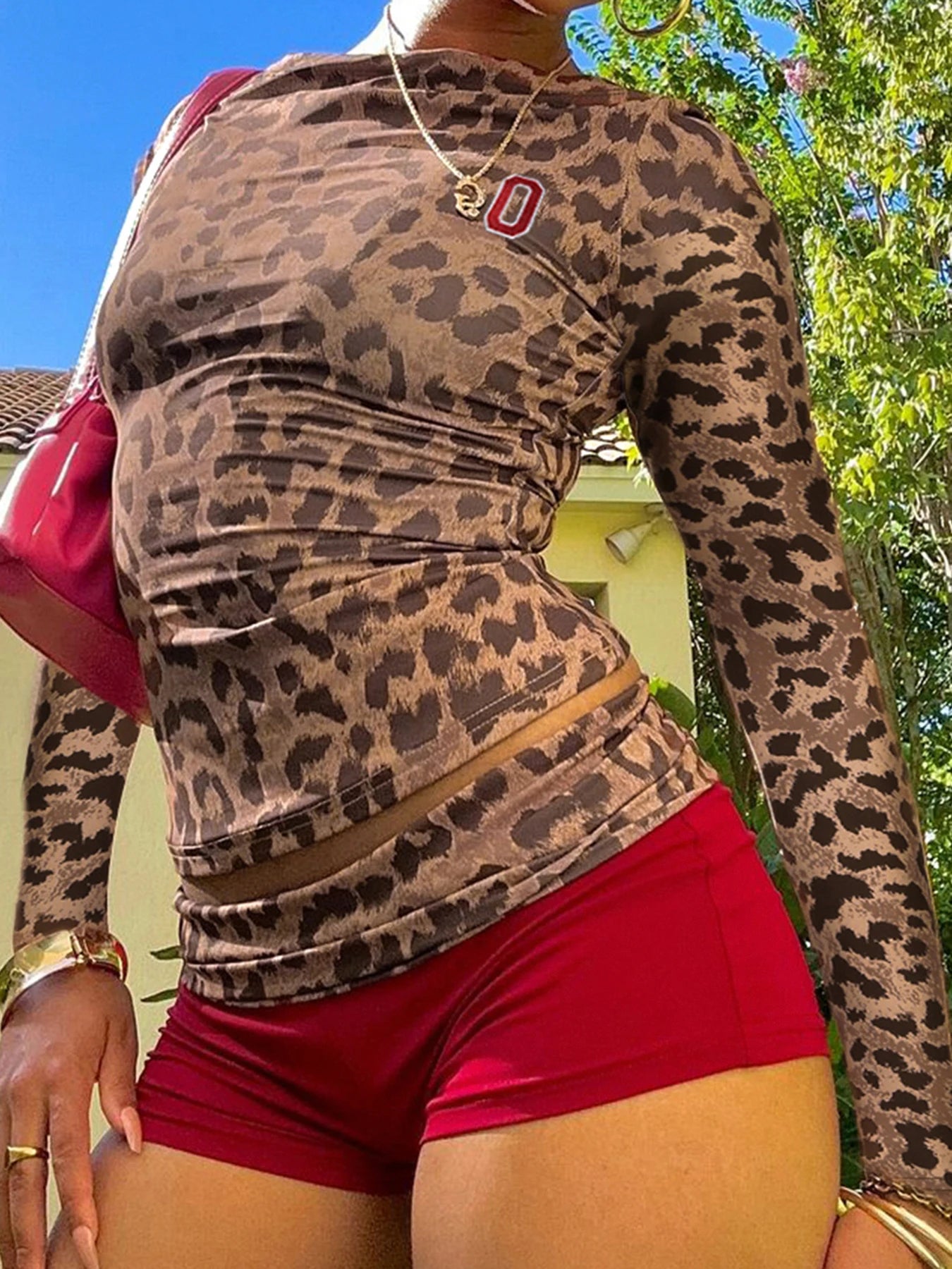 Crewneck Two Pieces of Sets Leopard Print Tee Shirts anf Patchwork Shorts 's Slim