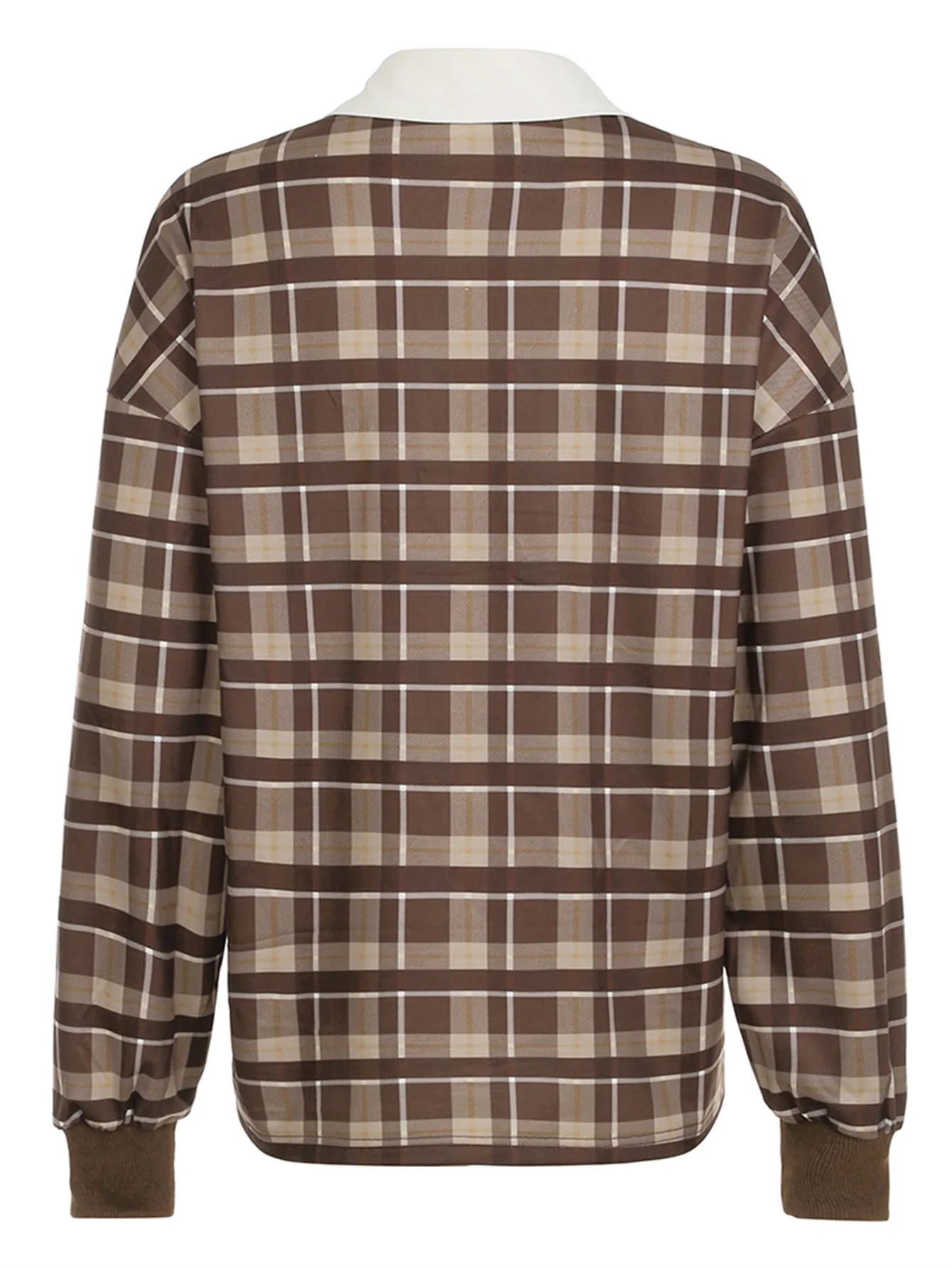 Retro Plaid Pullovers Turn-down Collar Loose Sweatshirts Brown