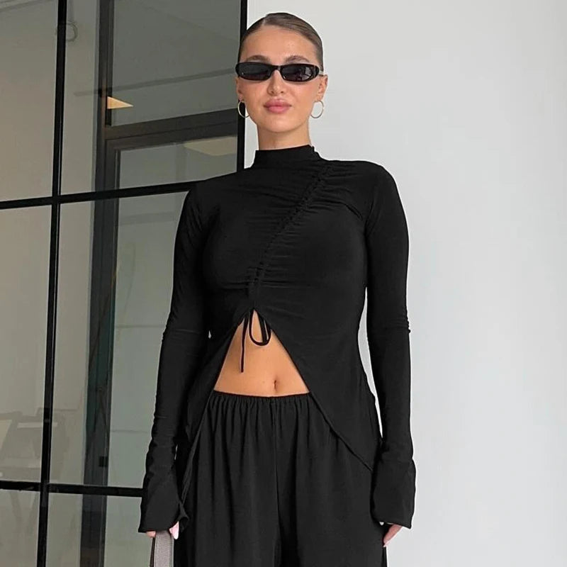 Half Neck Collar Long Sleeve Top Irregular Deign Drawtring Wrinkle Crop Top Skintight
