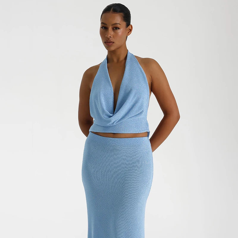 'S Color Hanging Neck V-Neck Backless Sleeveless Tank Top Long Fishtail Skirt Set