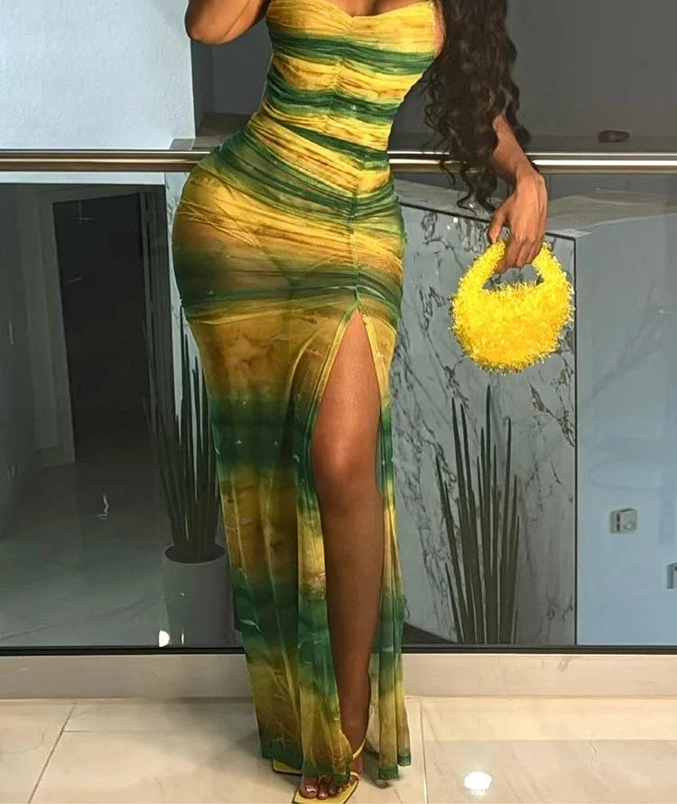 Green Mesh Backless Maxi Dress