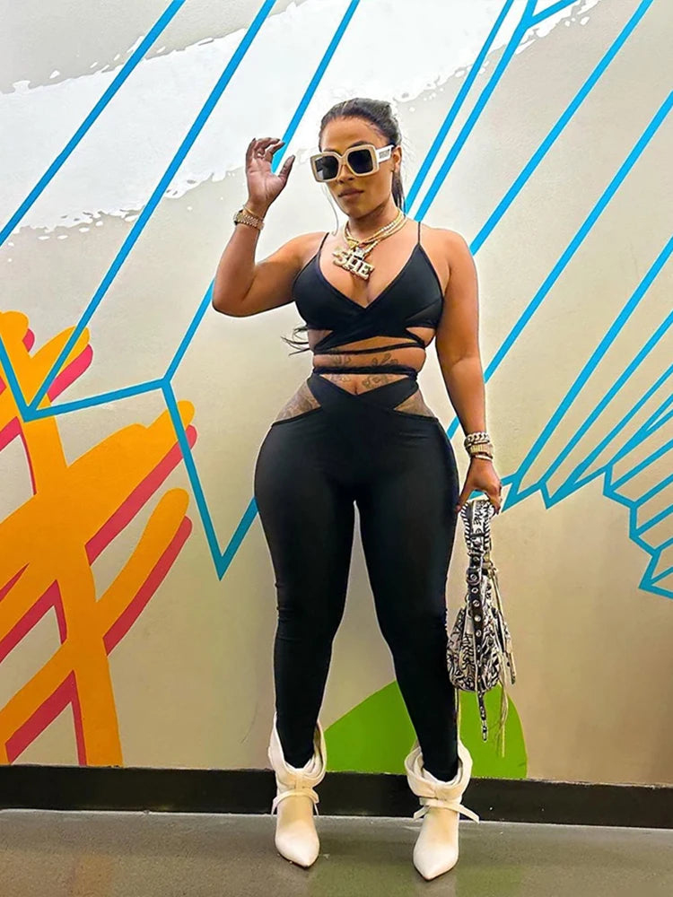 2 Piece Set Cro Bandage V-neck Cami Slah Wait Pant Matching Trackuit