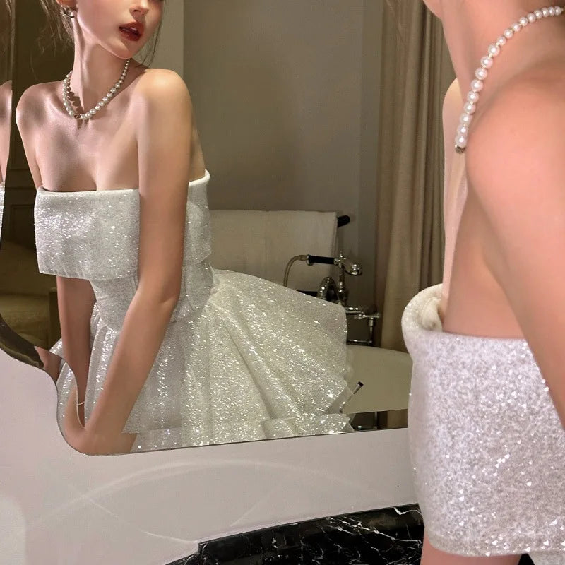 Strapless Shiny Dress White Backless A-line Dress Slim