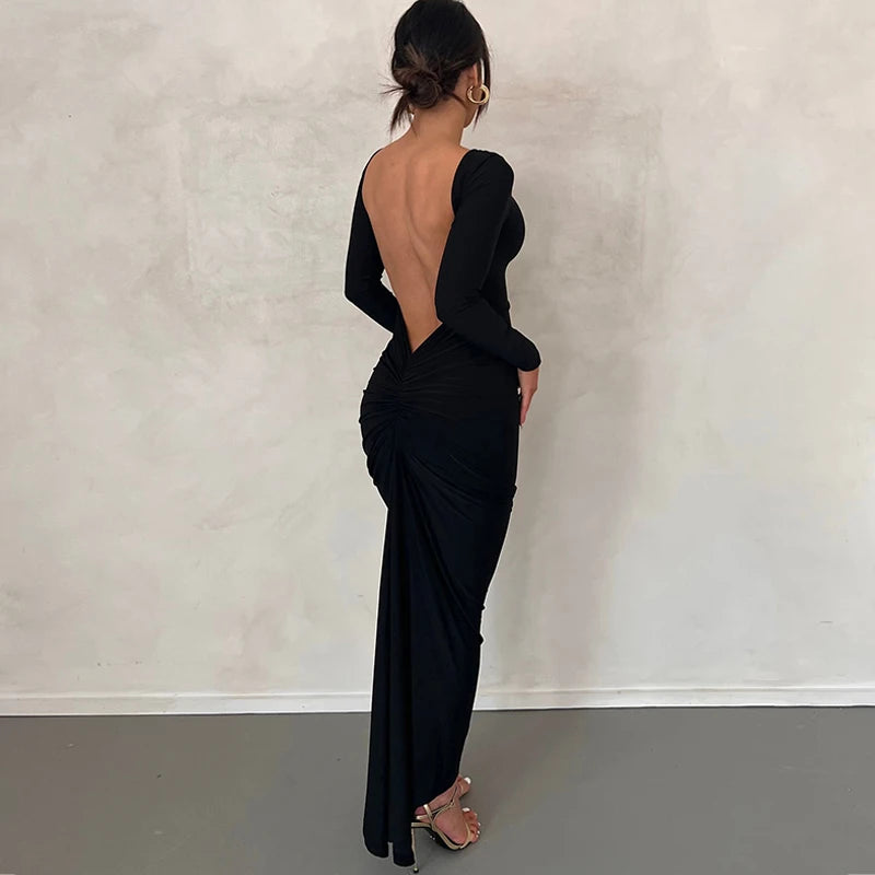 Ruched Backless Long Sleeve Bodycon Midi Dress