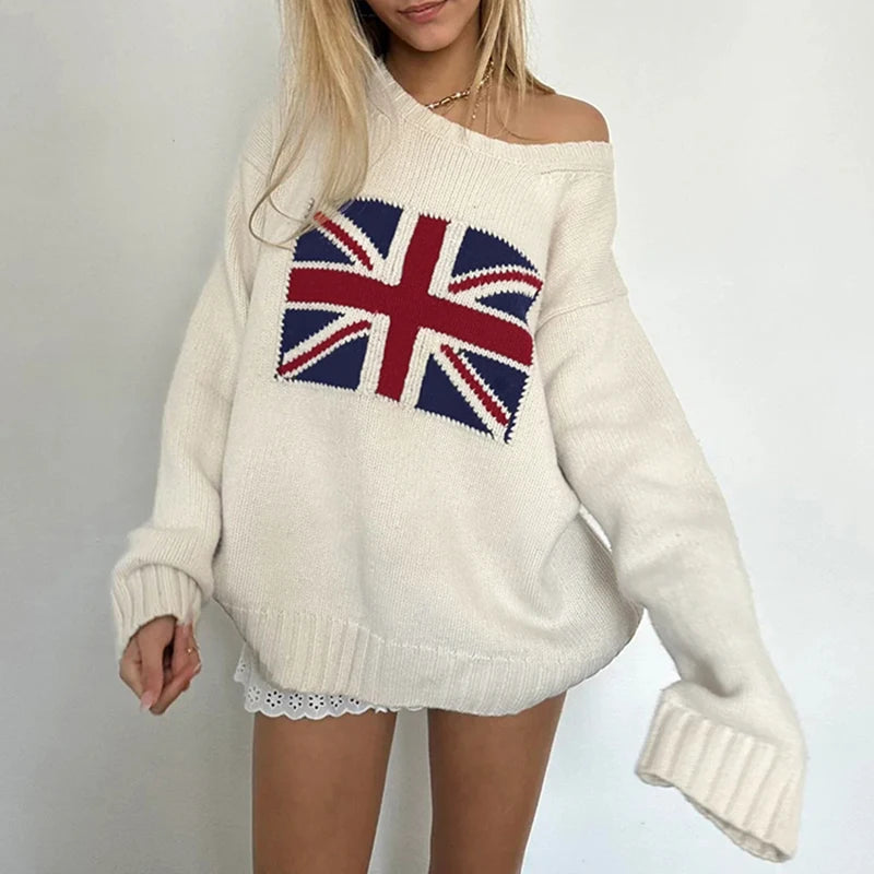Graphic Patchwork Knitted Sweaters Crewneck Loose Crochet Top Pullovers