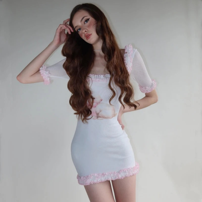White Short Sleeve Ruffle Bodycon Mini Dress