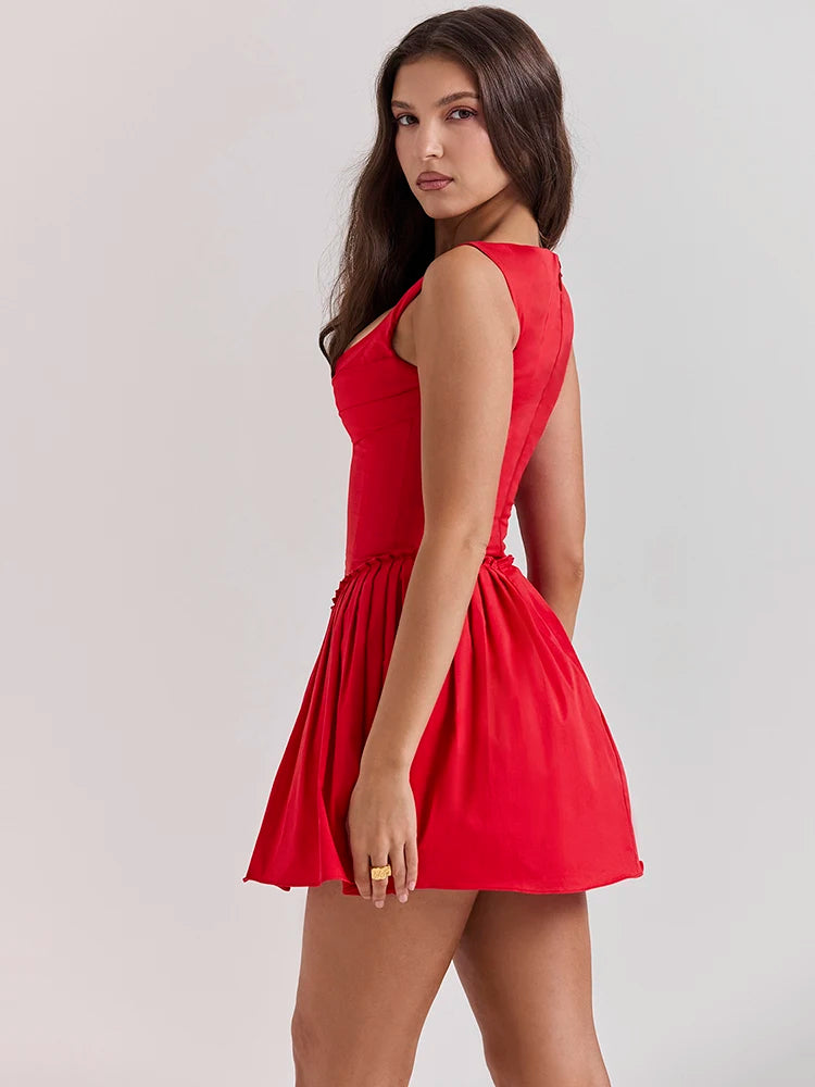 Red Sleeveless Mini Dress Square Collar Backless Corset Dress A-line Dress
