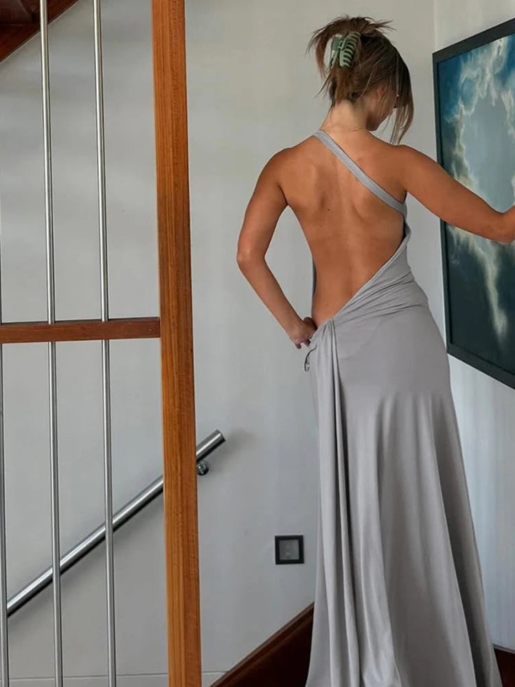Concise Incline Shoulder Ribbons Backless Sheath Maxi