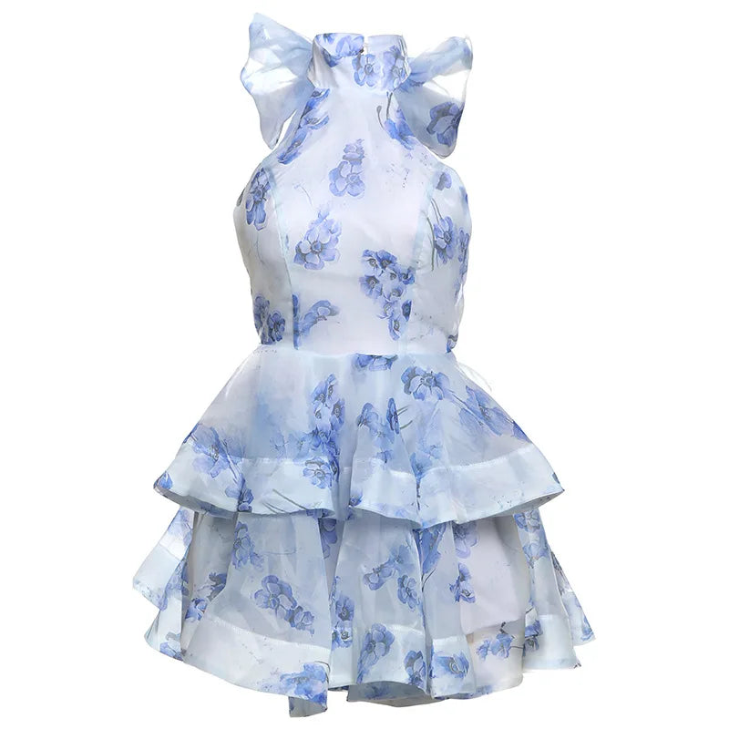 Backless Double Hem Halter Mini Dress