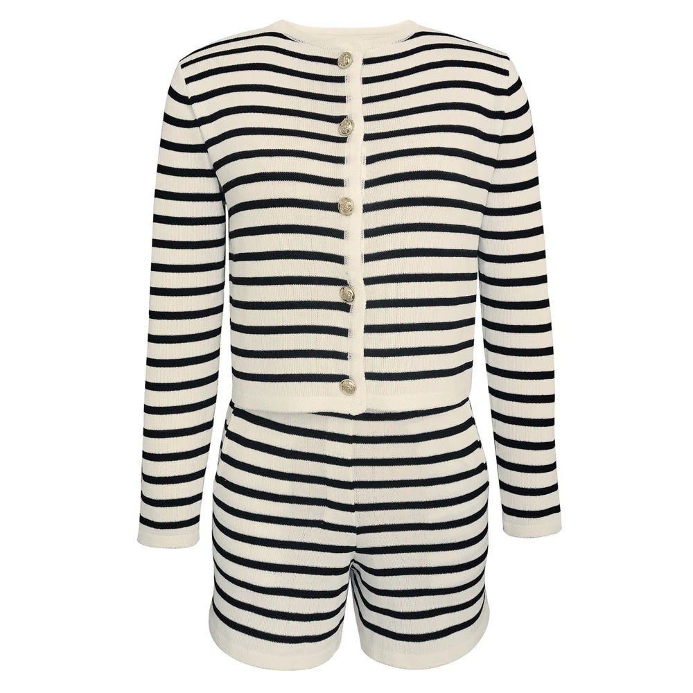 Striped Knit 2 Piece-Set Shorts Zebra ed Cardigan And High Waist Patchwork Shorts Sets Knit