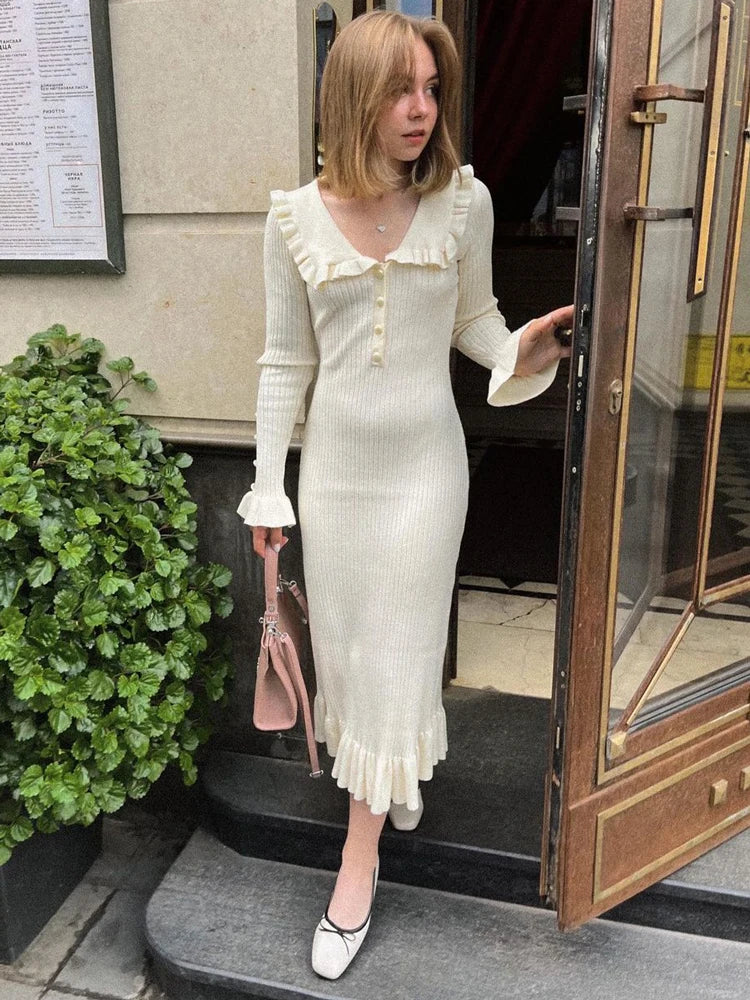 Ruffled Knit Dress Ribbed Contrast Long Sleeve High Waist Lapel Gown Dress Knit Ladies Maxi Dress