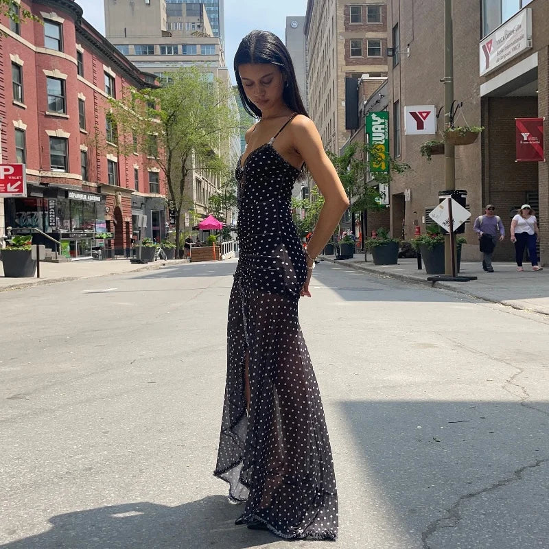 Black Backless V-Neck Polka Dot Maxi Dress