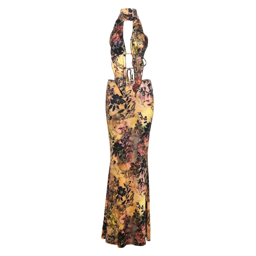 Foliage Print 2 Piece Set Halter Backless Camisole Back Split Maxi Skirts Matching