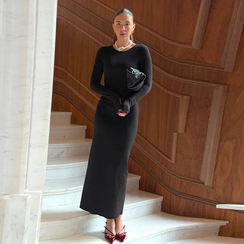 Round Neck Long-Sleev Package Hip Long Dress Wait Bottoming Long Skirt
