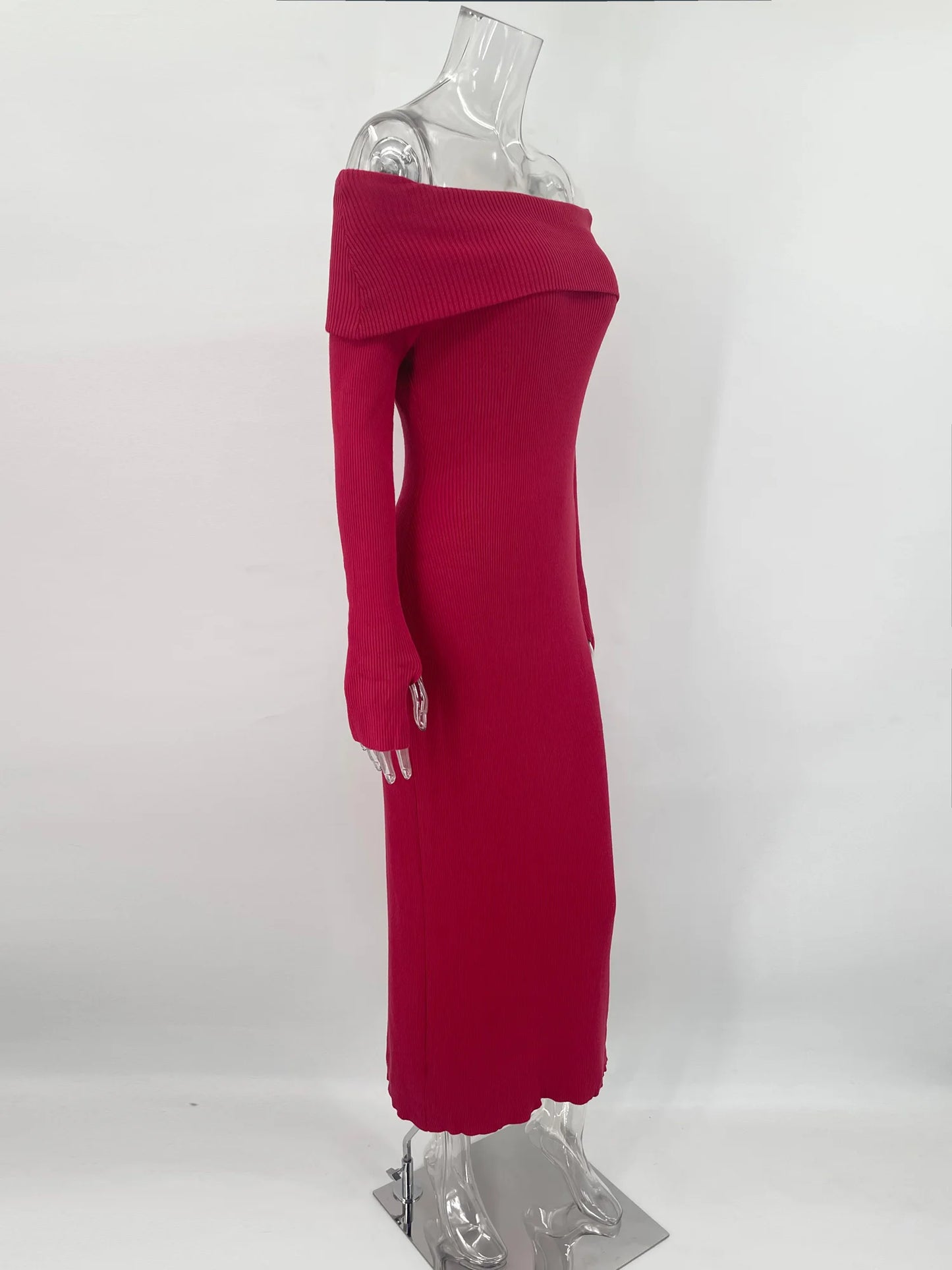 Knit Long Dress Off-Shoulder Ribbed Loose High Waist Dress Ladies Knit Maxi Dress