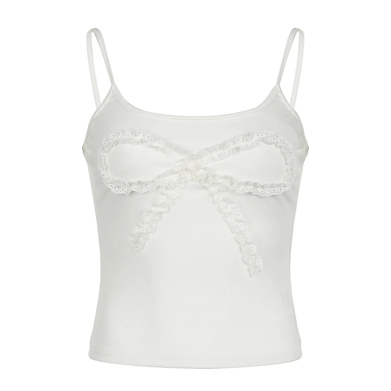 Bow White Crop Camis Spaghetti Strap Bustiers Slim 's Retro Bustiers